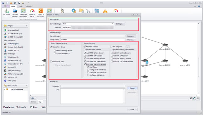 PRTG UVexplorer export discovered devices to the PRTG device tree