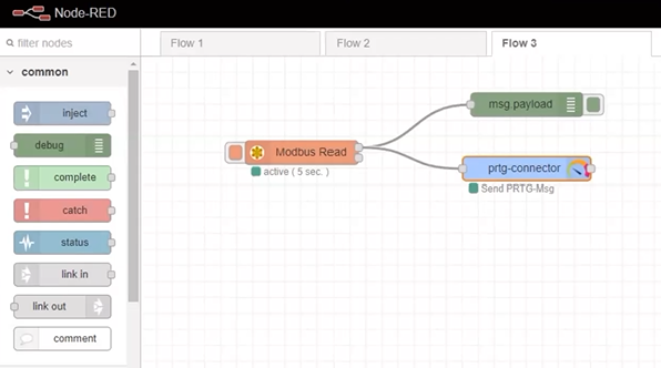 Modbus Read node with the PRTG connector node in Node-RED