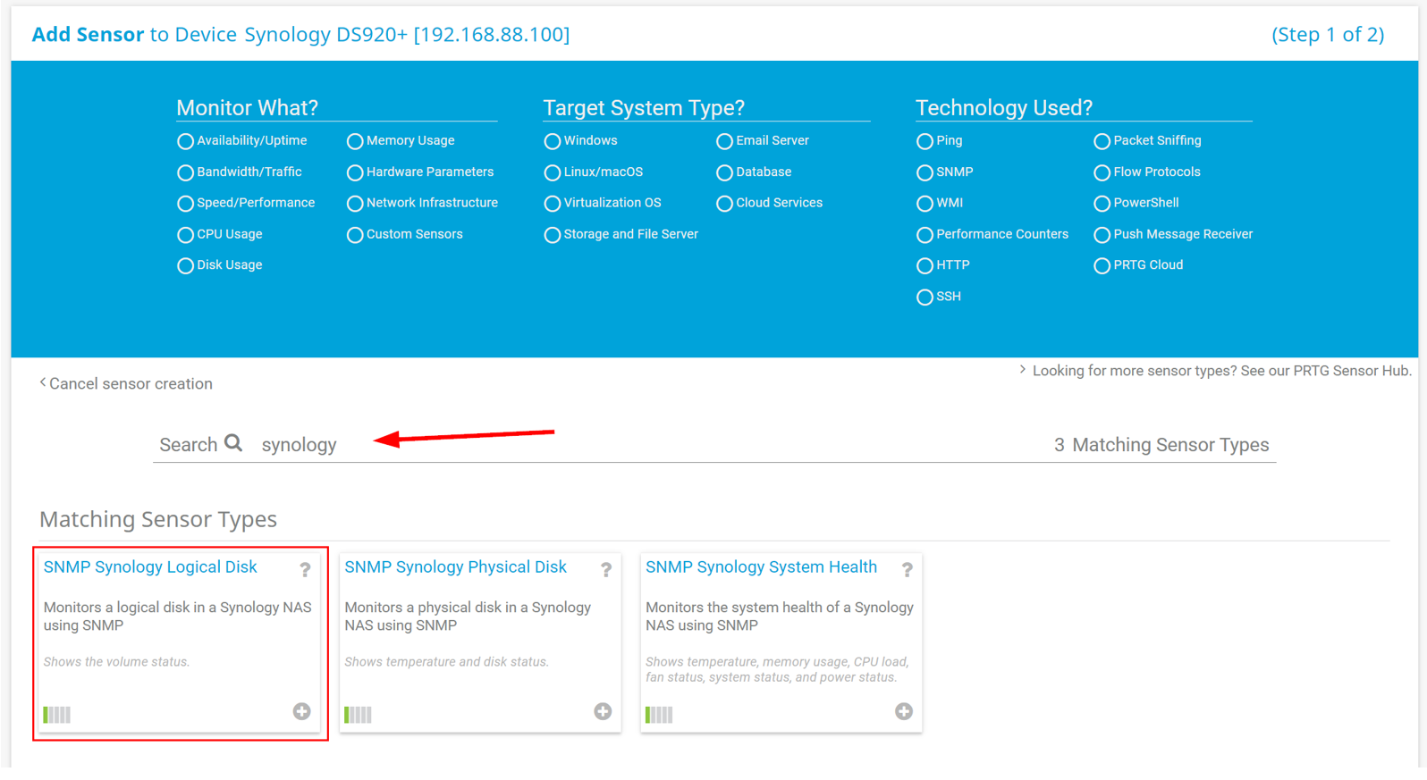 Add SNMP Synology Logical Disk sensor