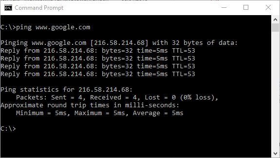 Ping dialogue window for troubleshooting