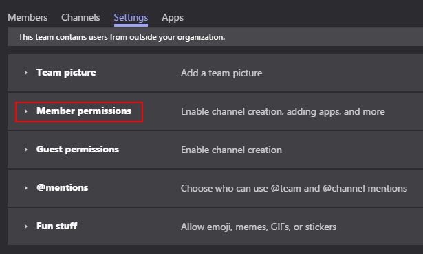 Teams Channel Settings Member permissions