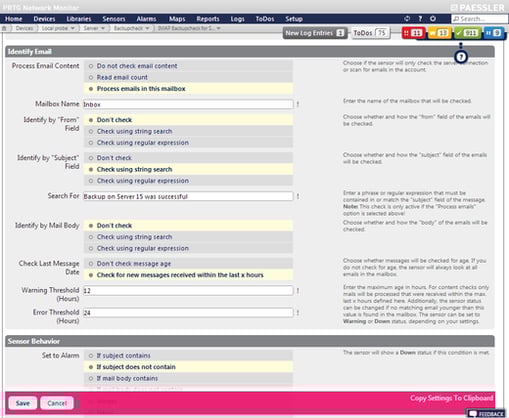 Filter Settings of the IMAP Sensor for Backup Monitoring