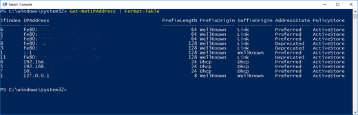 The Format-Table Cmdlet helps to display only the most important information about the IP addresses of the system.