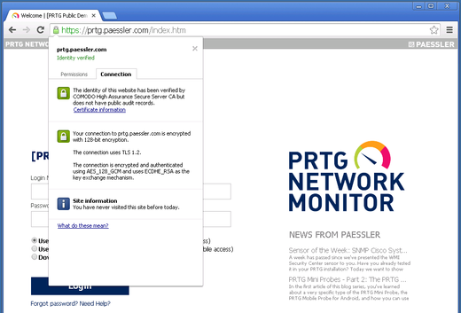 Active use of PRTG's TLS 1.2 secure SSL connection