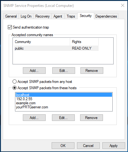 Adjust security parameters in your SNMP settings