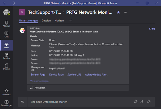 PRTG-Benachrichtigungen in Microsoft Teams 
