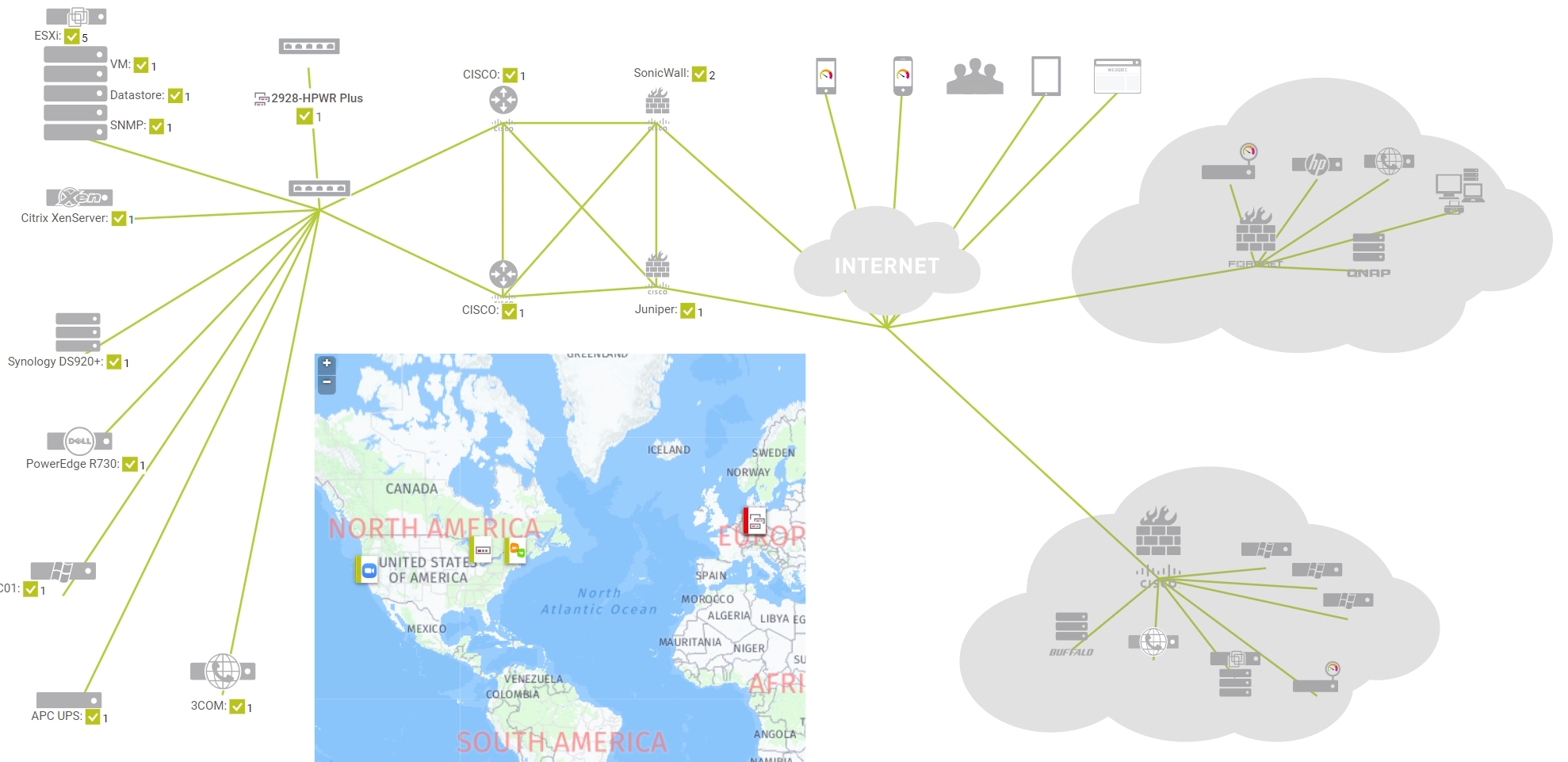PRTG's geographic map view showing a multi-location network with on-premises infrastructure and cloud resources